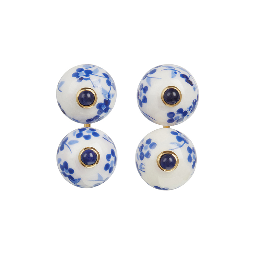 blue and white flower double earrings