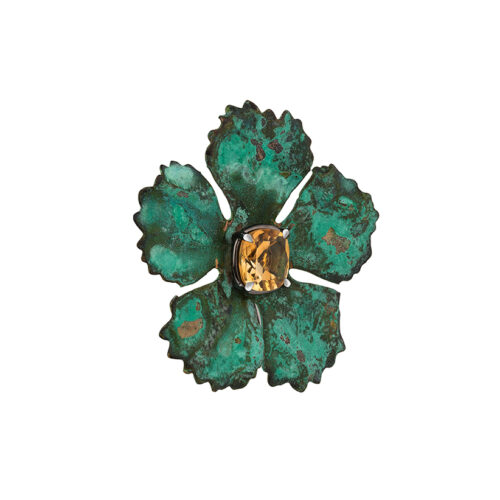 large statement green brass flower earrings with citrine studs