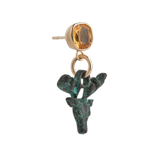 citrine gemstone earrings with verdigris brass stag head drop