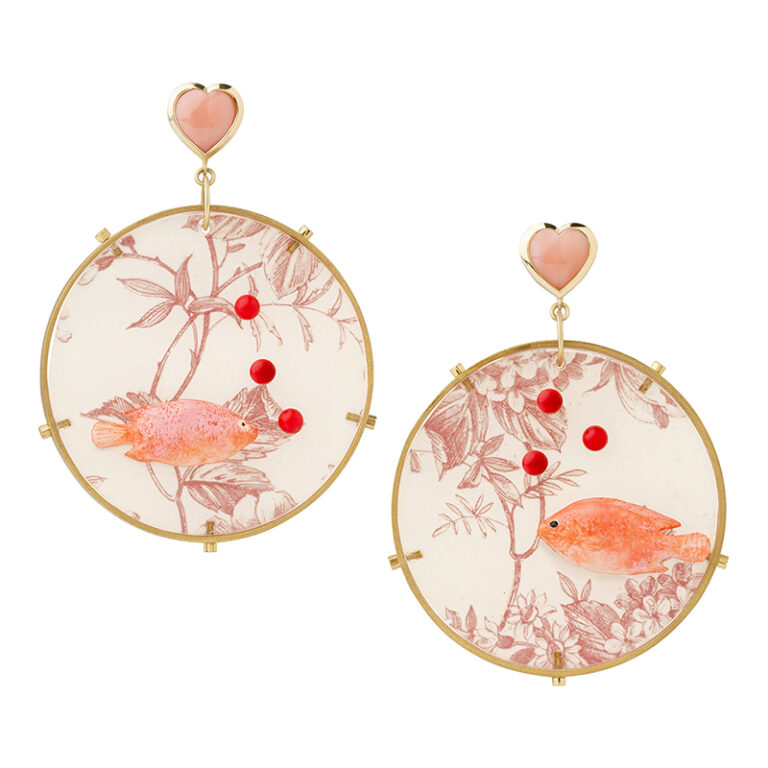 Statement fish earrings handcrafted in 18ct yellow gold, brass, coral, paper and resin