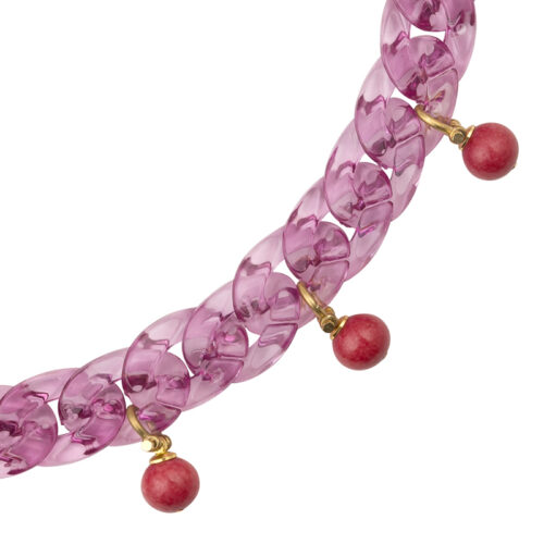 hot pink acrylic chain necklace with jade bead detailing