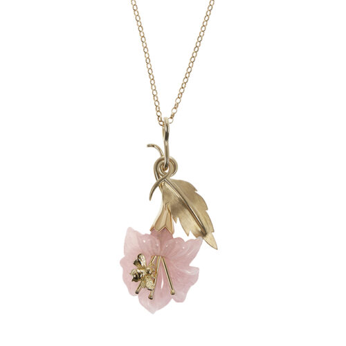 yellow gold and quartz bee and flower necklace