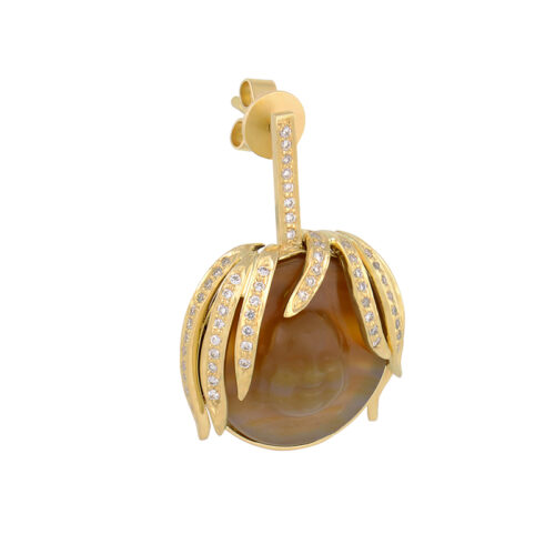 side view of red agate, diamond, and yellow gold earring