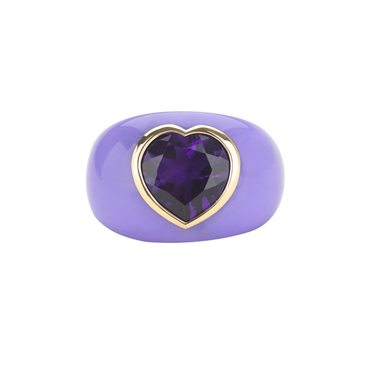 purple lucite cocktail ring with large heart shaped amethyst gemstone