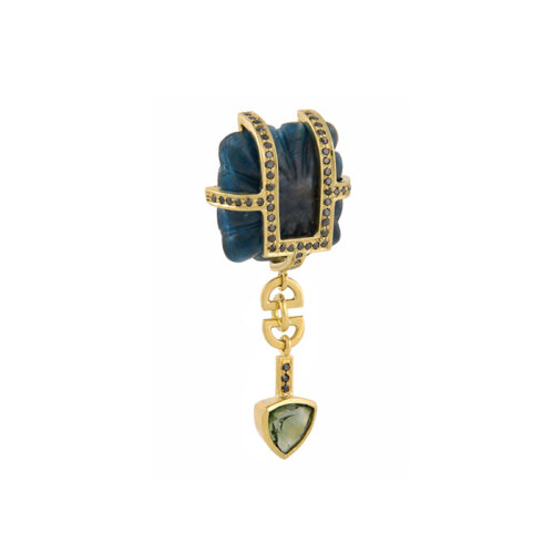 side view of kyanite and tourmaline earring