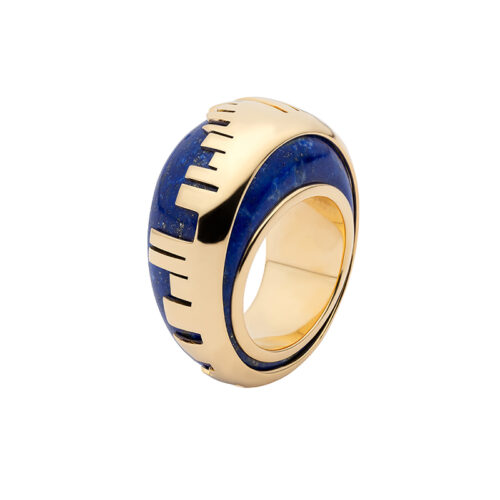 contemporary gold and lapis cocktail ring with manhattan skyline