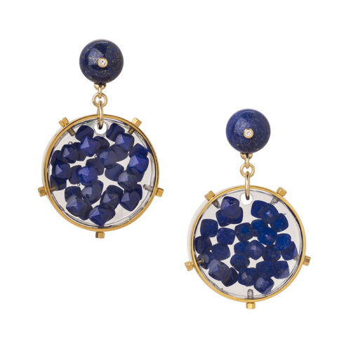 Statement gold diamond lapis lazuli and resin drop earrings