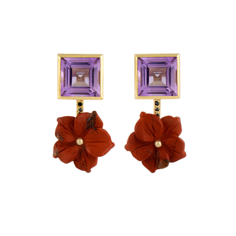 large amethyst earring studs with carved red jasper flower drops