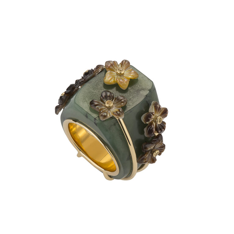 moss agate and gold floral cocktail ring