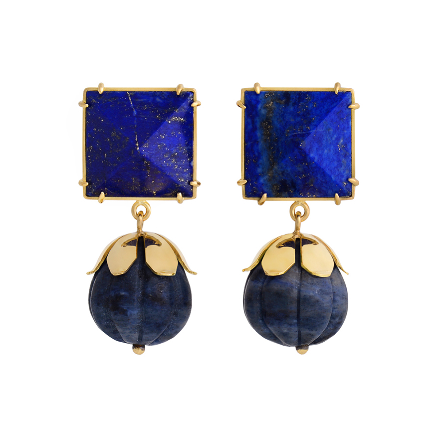 large lapis lazuli square earring studs with sodalite drops