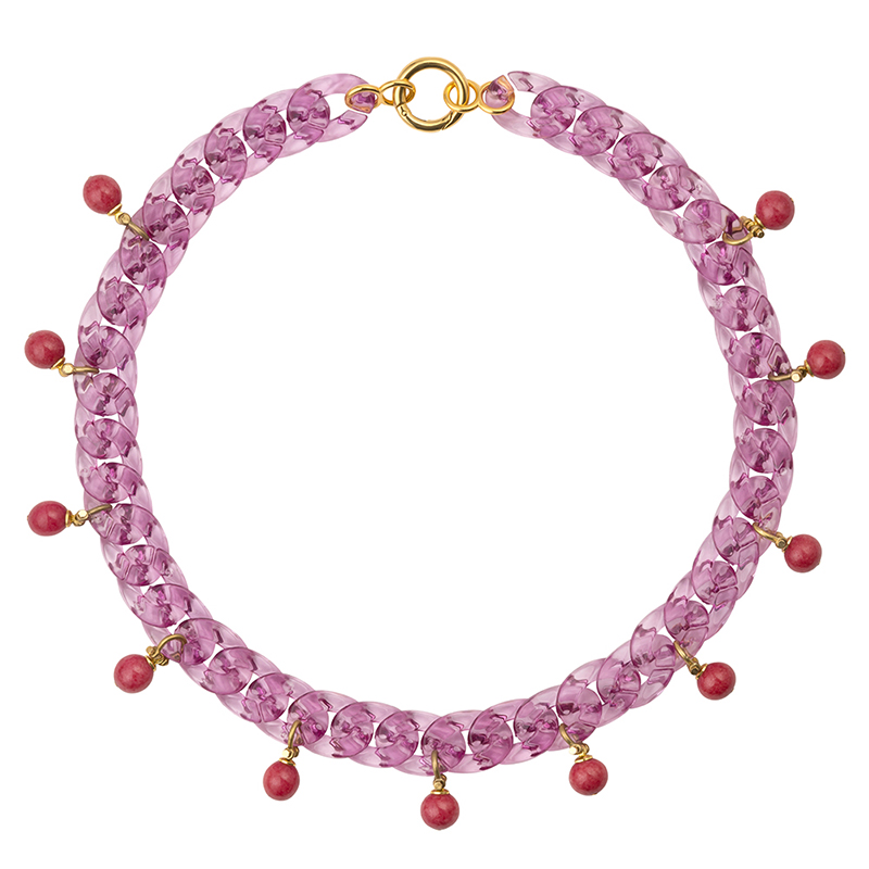 chunky pink acrylic chain necklace with jade beads