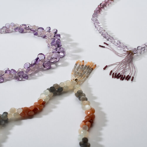 shades of purple statement necklace, amethyst and garnet tassel necklace, moonstone tassel necklace