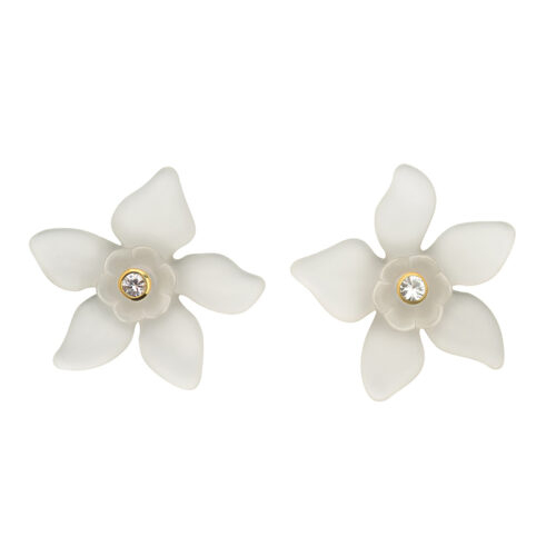 white lucite flower earrings with sapphire gemstone studs