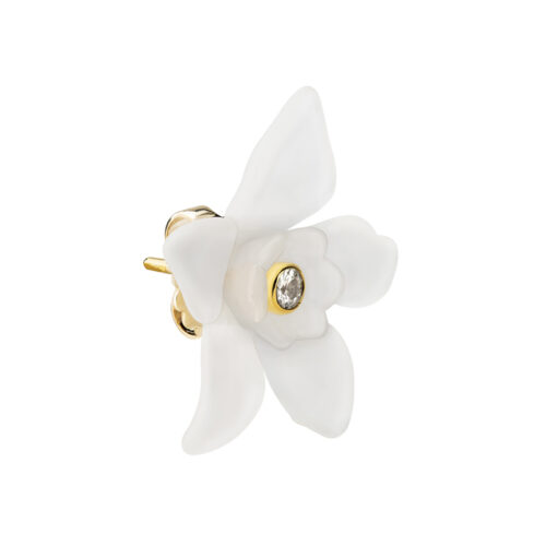 white lucite flower earring with sapphire stud