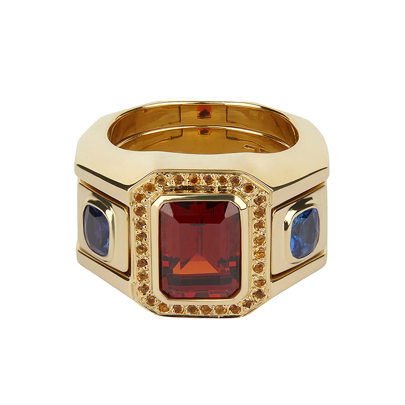 statement yellow gold garnet and sapphire cocktail ring