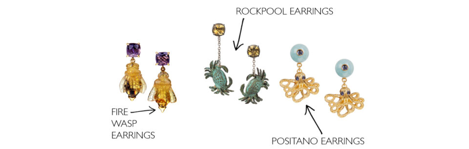 fire wasp earrings, crab earrings, octopus earrings