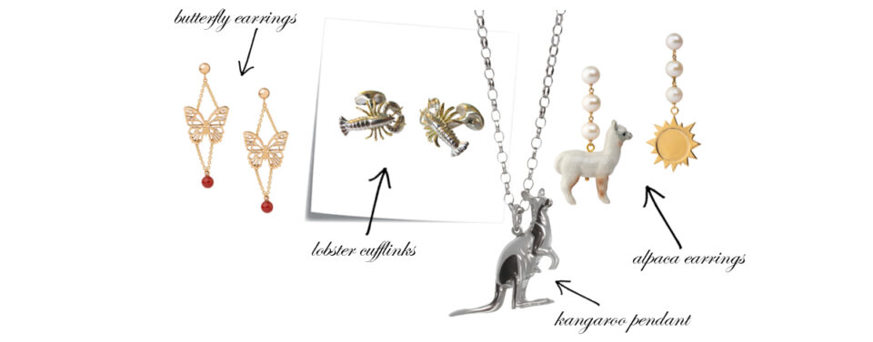 bespoke butterfly earrings, bespoke lobster earrings, bespoke kangaroo earrings, bespoke llama earrings