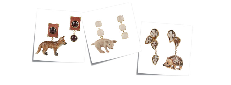 porcelain fox earrings, porcelain pig earrings, porcelain hedgehog earrings