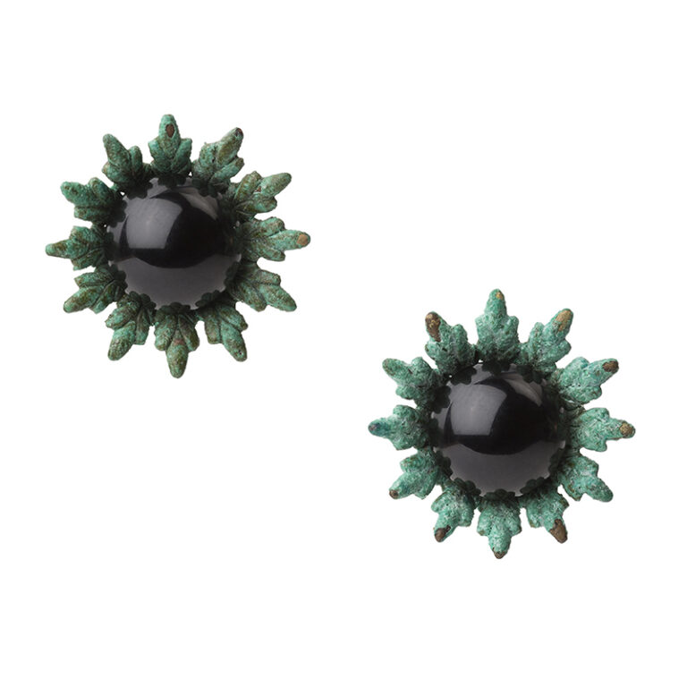 onyx and brass flower earrings
