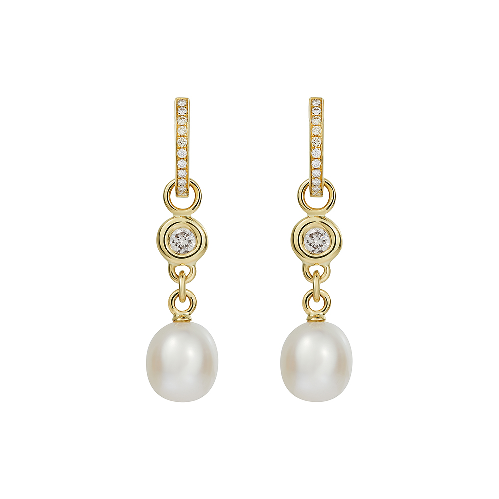 bespoke pearl diamond and gold hoop earrings with detachable drops