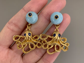aquamarine and sapphire gold octopus earrings
