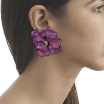 statement floral flower purple earrings in model