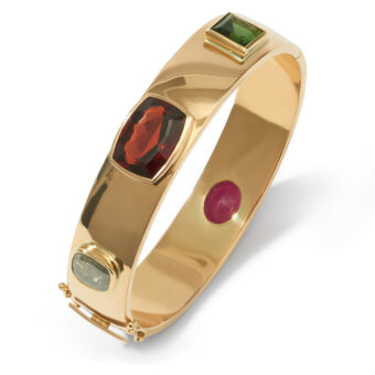 gold birthstone bangle with ruby diamond tourmaline and garnet