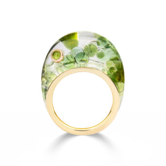 green tourmaline resin and gold unique cocktail ring
