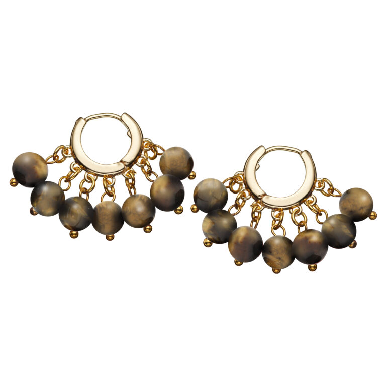 brown bead earrings on gold hoops