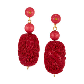 pink jade earring with carved cinnabar