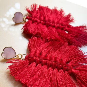 pink heart and red tassel earrings