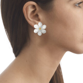 white lucite flower earrings on model