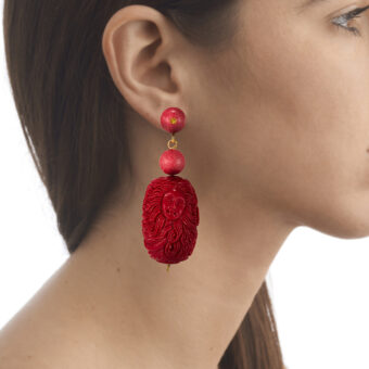 pink jade and cinnabar earrings on model